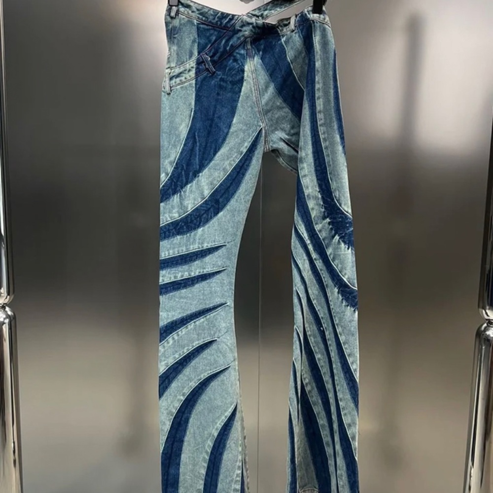 Contrast Color Striped Patchwork Split Waist Jeans Women's High-waist Streetwear